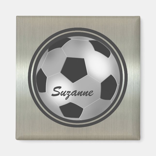 Customisable Name silver Soccer Ball Magnets (Front)