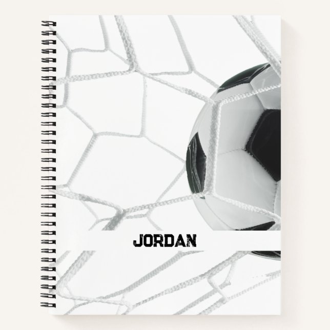 Customisable Name Soccer Ball Hitting The Net Fun  Notebook (Front)