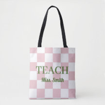 Customisable Name Teach Tote Cute Pink Chequered