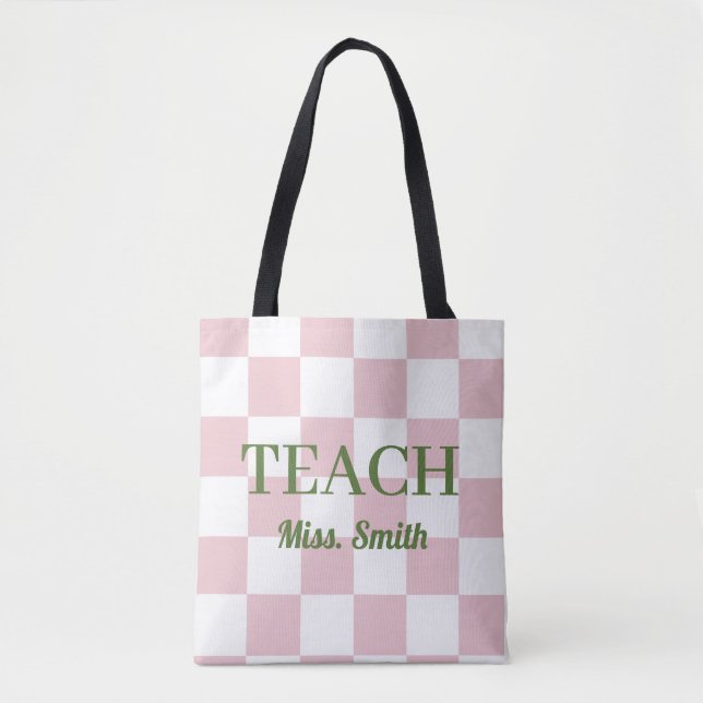 Customisable Name Teach Tote Cute Pink Chequered Bag (Front)