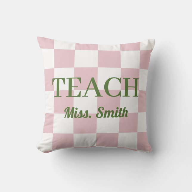 Customisable Name Teach Tote Cute Pink Chequered Cushion (Front)