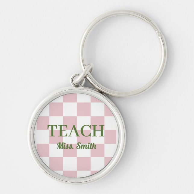 Customisable Name Teach Tote Cute Pink Chequered Key Ring (Front)