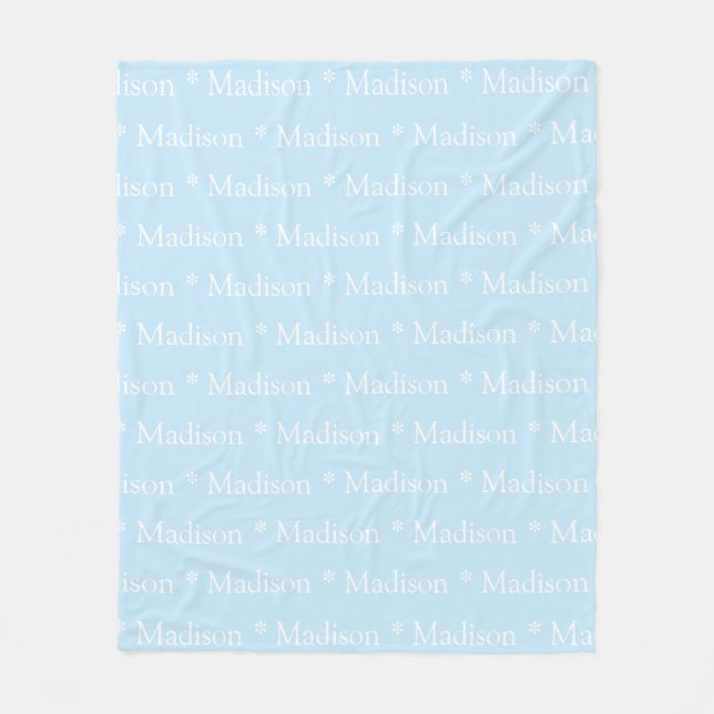 Customisable name, text, light blue white fleece blanket (Front)