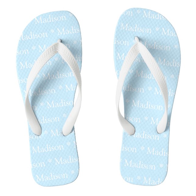 Customisable name, text, light blue white flip flops (Footbed)