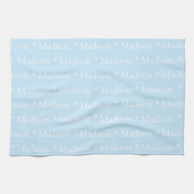 Customisable name text light blue white tea towel (Horizontal)