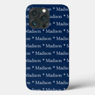 Customisable name, text, pattern navy blue white iPhone 13 pro case