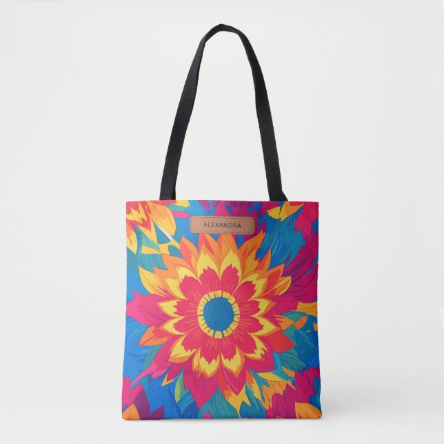Customisable Name Vibrant Colours Stylish Floral  Tote Bag (Front)