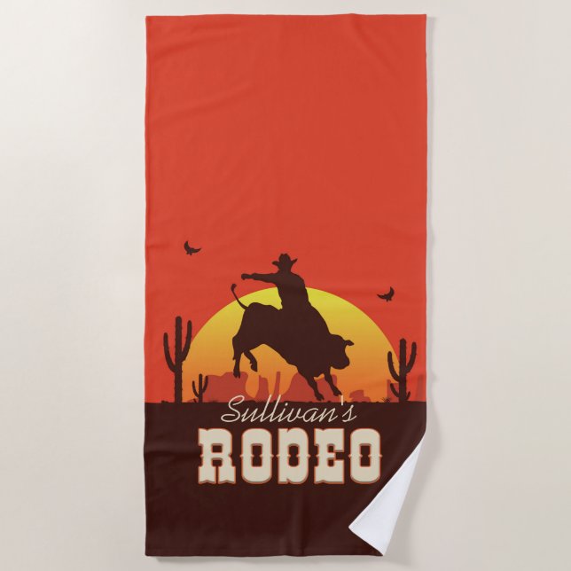 Customisable NAME Western Cowboy Bull Rider Rodeo Beach Towel (Front)
