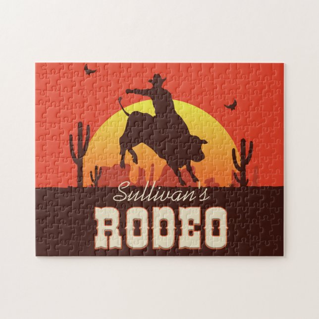Customisable NAME Western Cowboy Bull Rider Rodeo Jigsaw Puzzle (Horizontal)