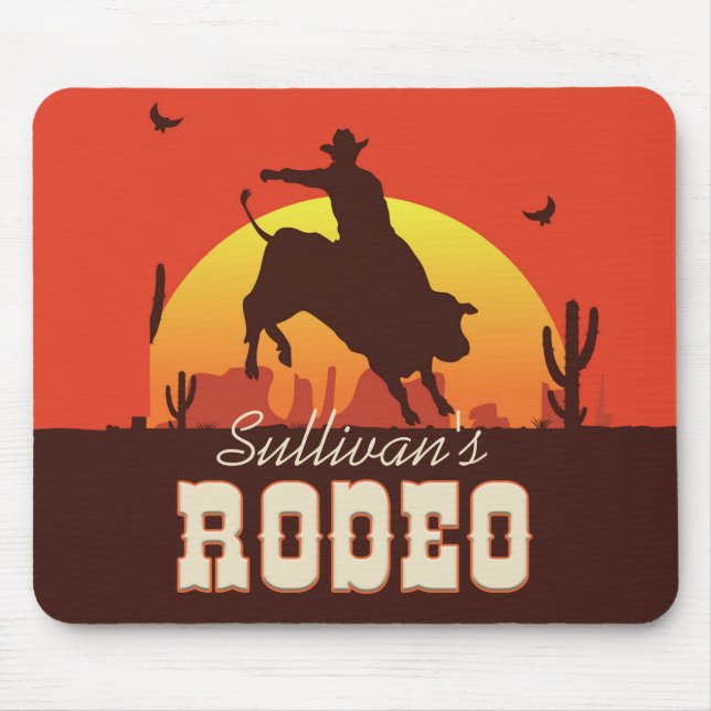Customisable NAME Western Cowboy Bull Rider Rodeo Mouse Mat (Front)