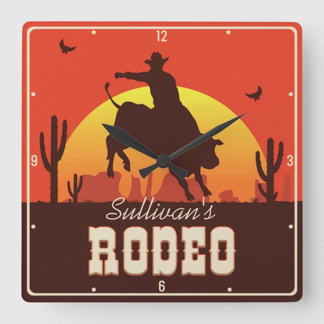 Customisable NAME Western Cowboy Bull Rider Rodeo  Square Wall Clock (Front)