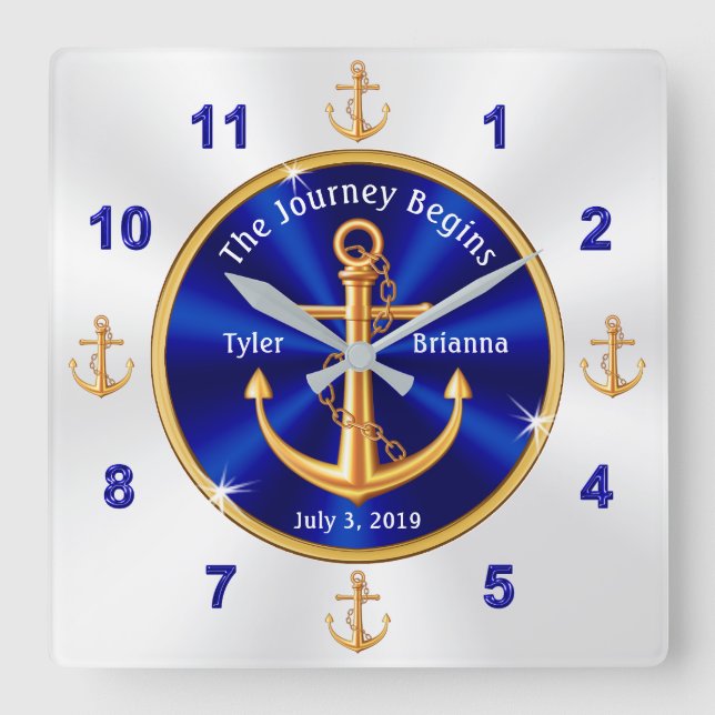 Customisable Nautical Wedding Gifts Anchor Square Wall Clock (Front)