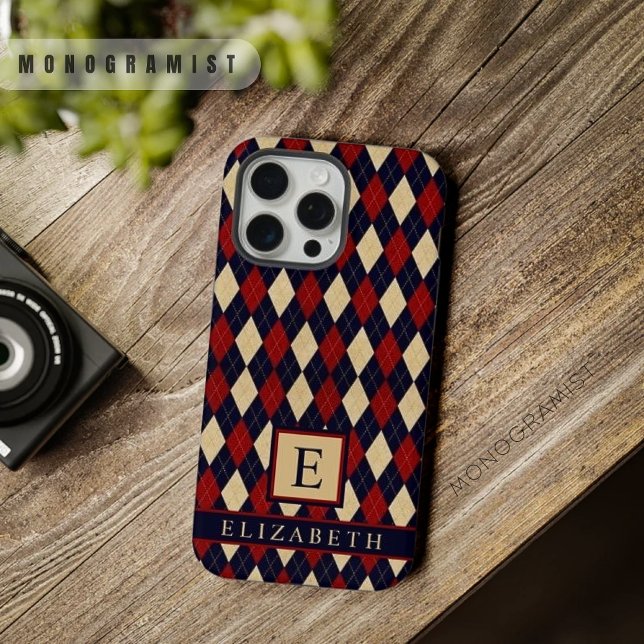 Customisable Navy Blue Red Yellow Argyle Pattern iPhone Case (Customizable Navy Blue Red Yellow Argyle Pattern iPhone Case)