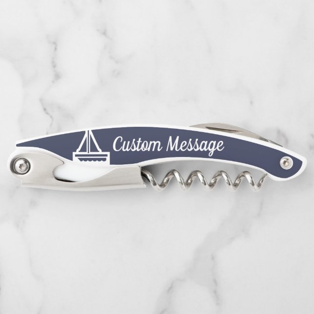 Customisable Navy & White Sailboat Corkscrew (Front)