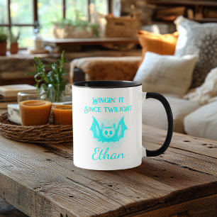 Customisable Neon Halloween Mug - Cyan Bat Design