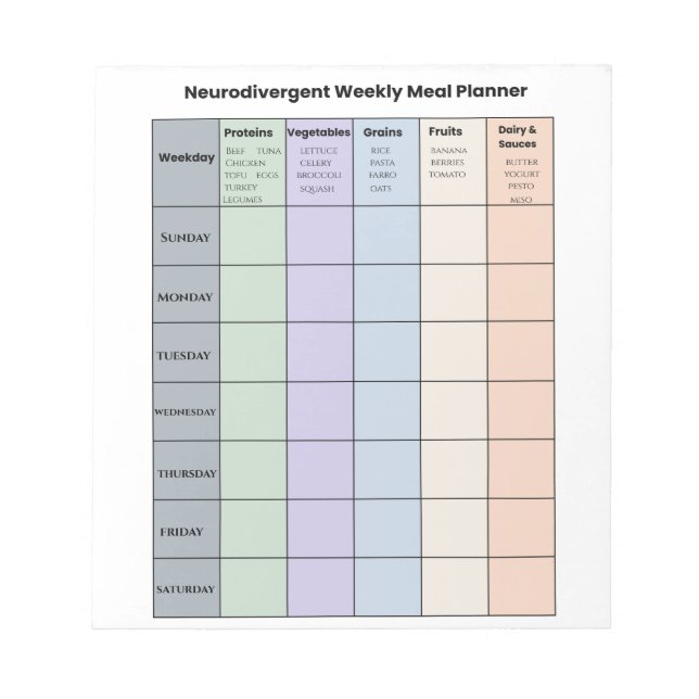 Customisable Neurodivergent Weekly Meal Planner Notepad (Front)