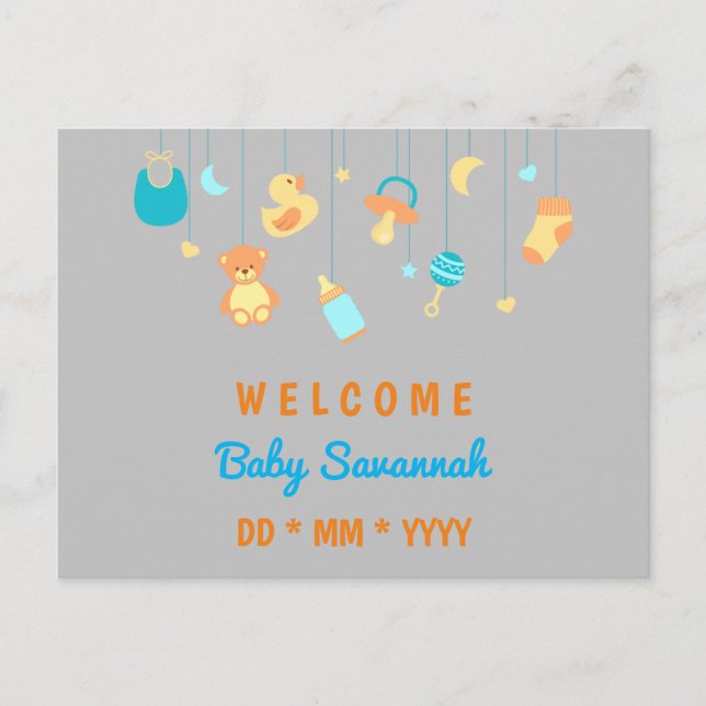 Customisable new baby unisex postcard (Front)