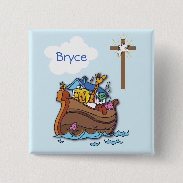 Customisable Noah’s Ark Baby Baptism, Boy Blue 15 Cm Square Badge (Front)