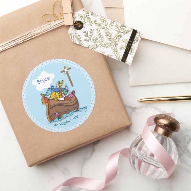 Customisable Noah’s Ark Baby Baptism, Boy Blue Classic Round Sticker (Gifting)