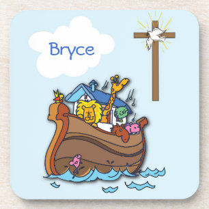 Customisable Noah’s Ark Baby Baptism, Boy Blue Coaster