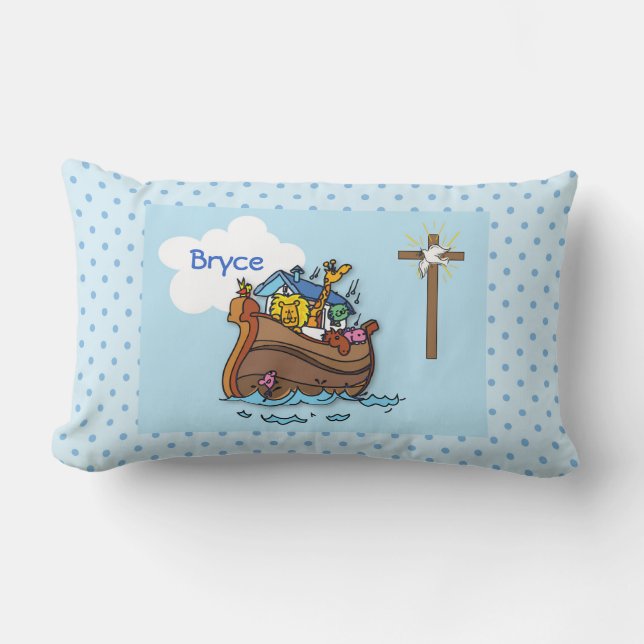 Customisable Noah’s Ark Baby Baptism, Boy Blue Lumbar Cushion (Front)