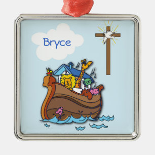 Customisable Noah’s Ark Baby Baptism, Boy Blue Metal Tree Decoration