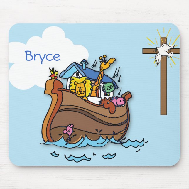 Customisable Noah’s Ark Baby Baptism, Boy Blue Mouse Mat (Front)