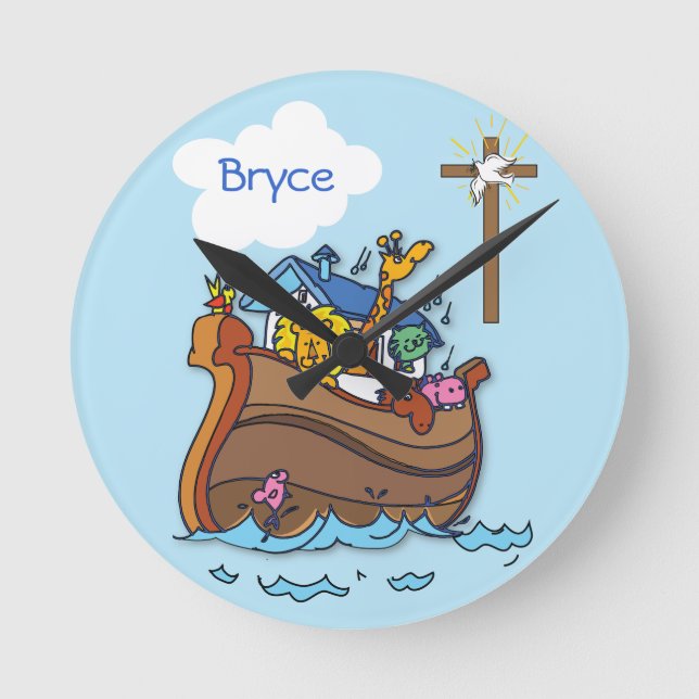 Customisable Noah’s Ark Baby Baptism, Boy Blue Round Clock (Front)
