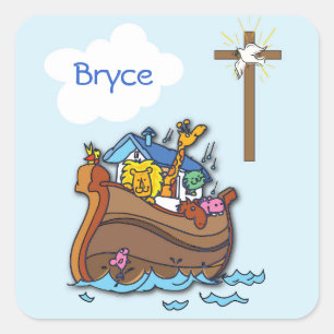 Customisable Noah’s Ark Baby Baptism, Boy Blue Square Sticker