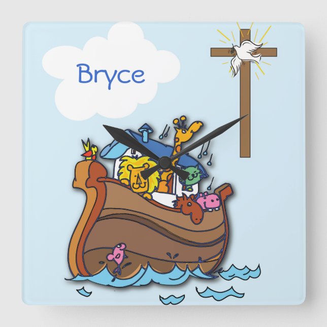Customisable Noah’s Ark Baby Baptism, Boy Blue Square Wall Clock (Front)