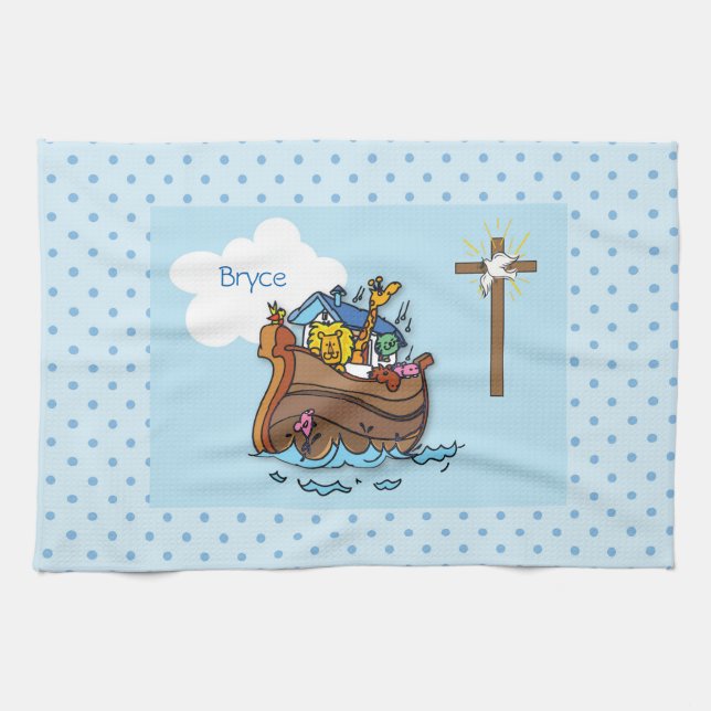 Customisable Noah’s Ark Baby Baptism, Boy Blue Tea Towel (Horizontal)
