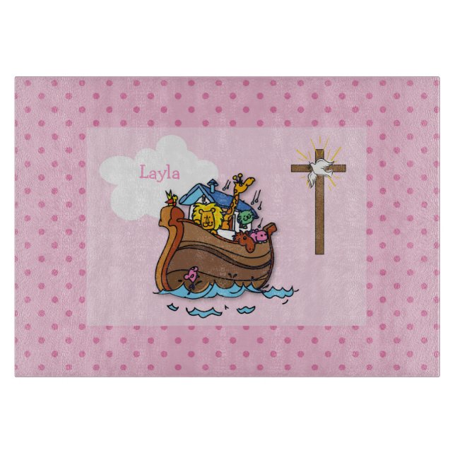 Customisable Noah’s Ark Baby Baptism, Girl Pink Cutting Board (Front)