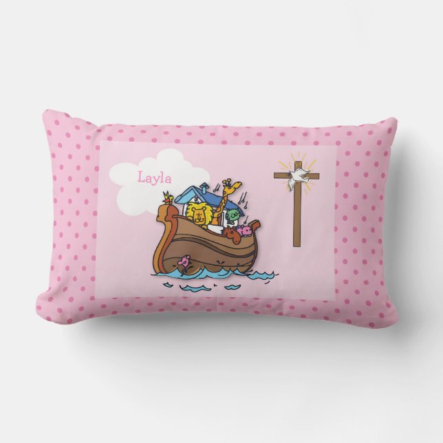 Customisable Noah’s Ark Baby Baptism, Girl Pink Lumbar Cushion (Front)