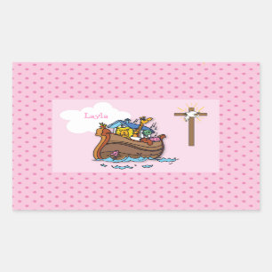 Customisable Noah’s Ark Baby Baptism, Girl Pink Rectangular Sticker