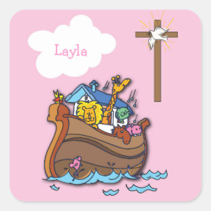 Customisable Noah’s Ark Baptism, Girl Pink Square Sticker