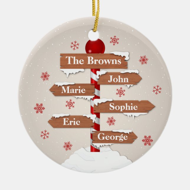 Customisable North Pole 5 Family Names Ceramic Tree Decoration (Front)