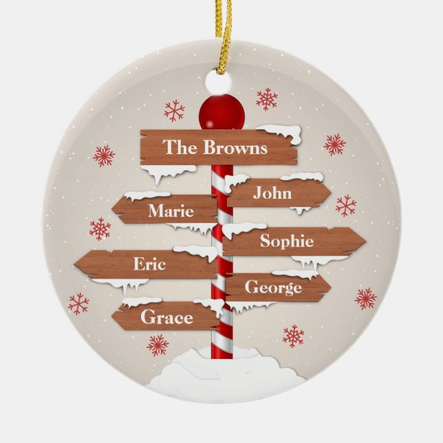 Customisable North Pole 6 Family Names Ceramic Tree Decoration (Front)
