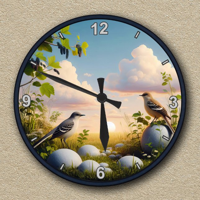 Customisable Northern Mockingbird Nature Scene  Round Clock (Creator Uploaded)