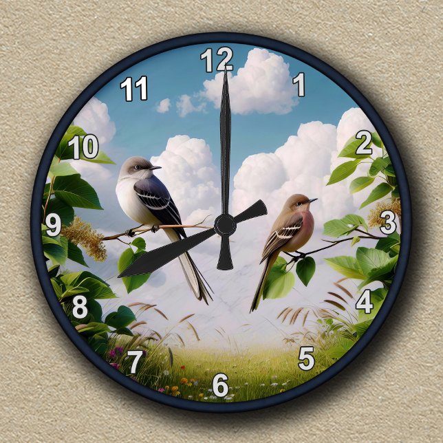 Customisable Northern Mockingbird Nature Scene  Round Clock (Creator Uploaded)