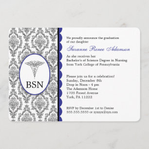 Customisable Nurse Graduation BSN RN blue damask Invitation