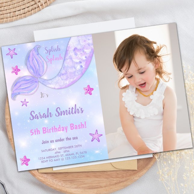 Customisable Ocean Party Invitations for Kids (Mermaid Birthday Invitations under the sea w photo)