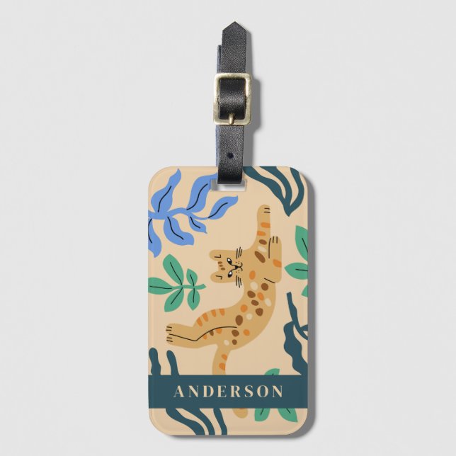 Customisable Ocelot Cat & Matisse Leaves Luggage Tag (Front Vertical)