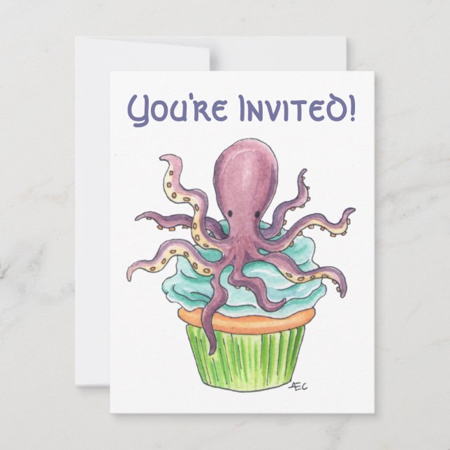 Customisable Octopus Cupcake Birthday Invite (Front)