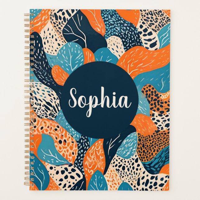 Customisable Orange and Blue Cheetah Print Planner (Front)