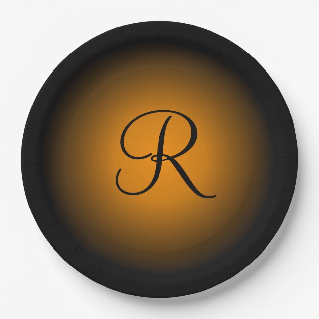 Customisable orange black monogram paper plates (Front)
