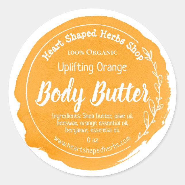 Customisable Orange Body Butter Label Handmade (Front)