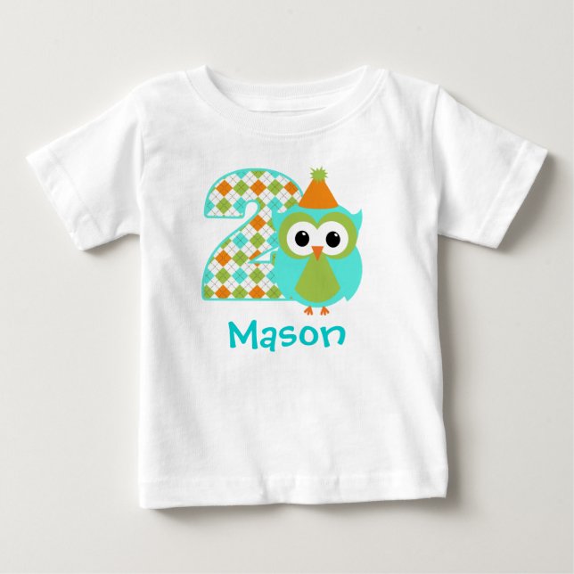 Customisable Owl Boy Second birthday shirt 2 years (Front)