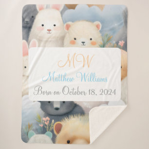 Customisable Pastel Animals with Name & Birthday Sherpa Blanket