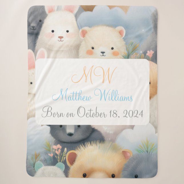 Customisable Pastel Animals with Name & Birthday Sherpa Blanket (Front)