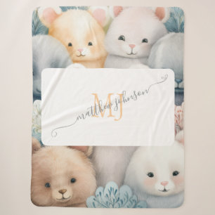Customisable Pastel Animals with Name & Monogram Sherpa Blanket